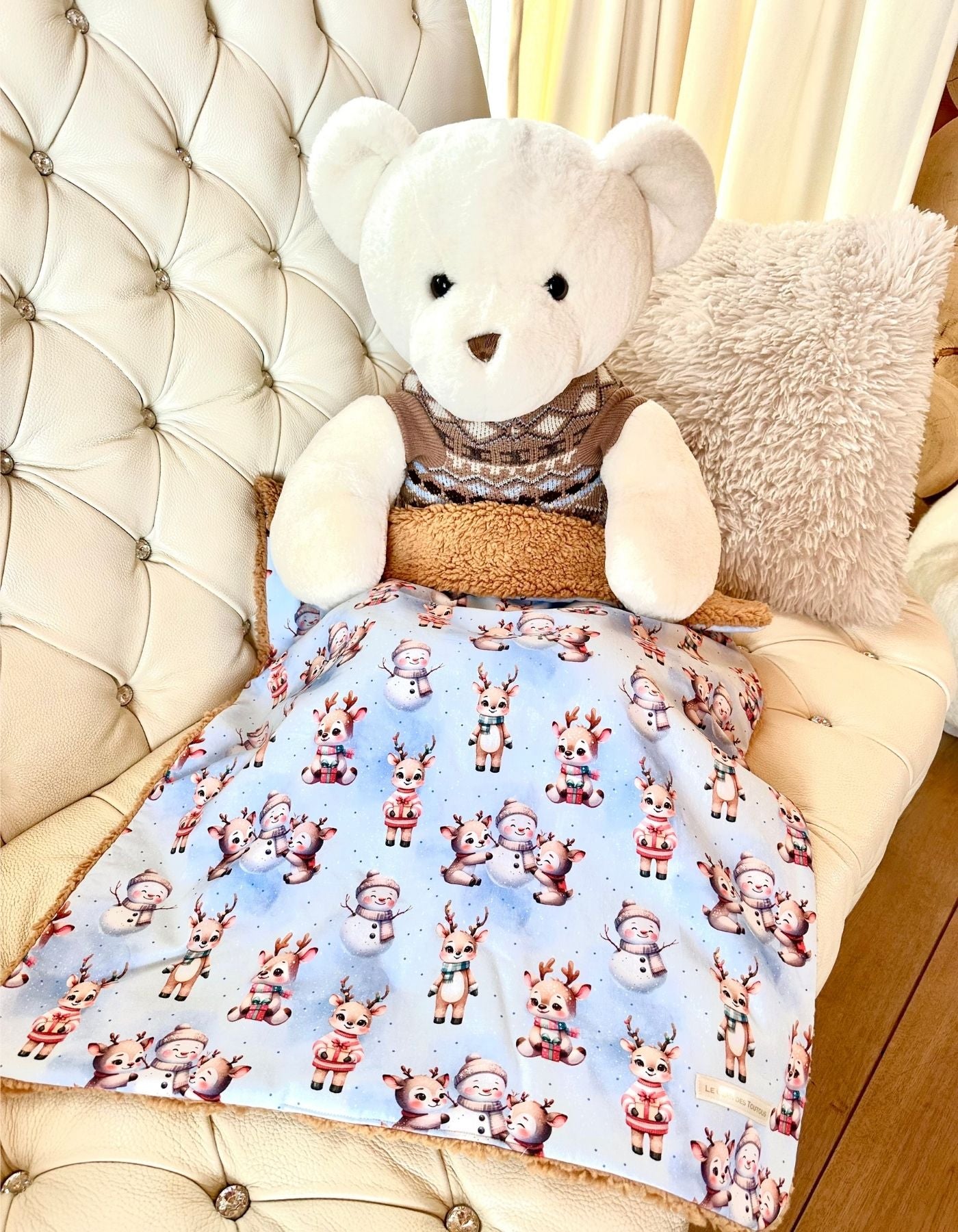 Couverture - PETITS RENNES ET BONSHOMMES DE NEIGE - sherpa ocre - 73x60cm