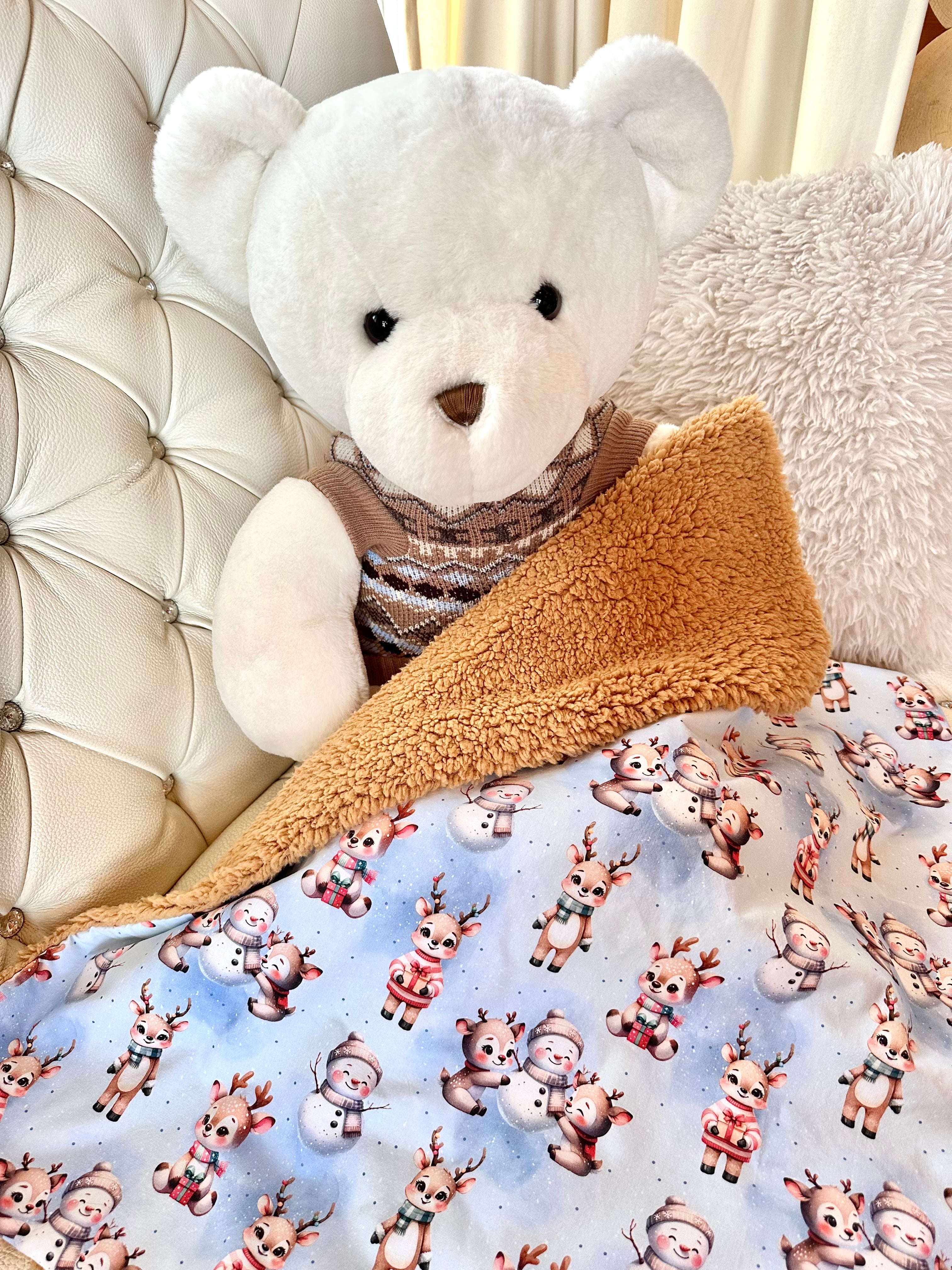 Couverture PETITS RENNES ET BONSHOMMES DE NEIGE - sherpa ocre - 73x60cm