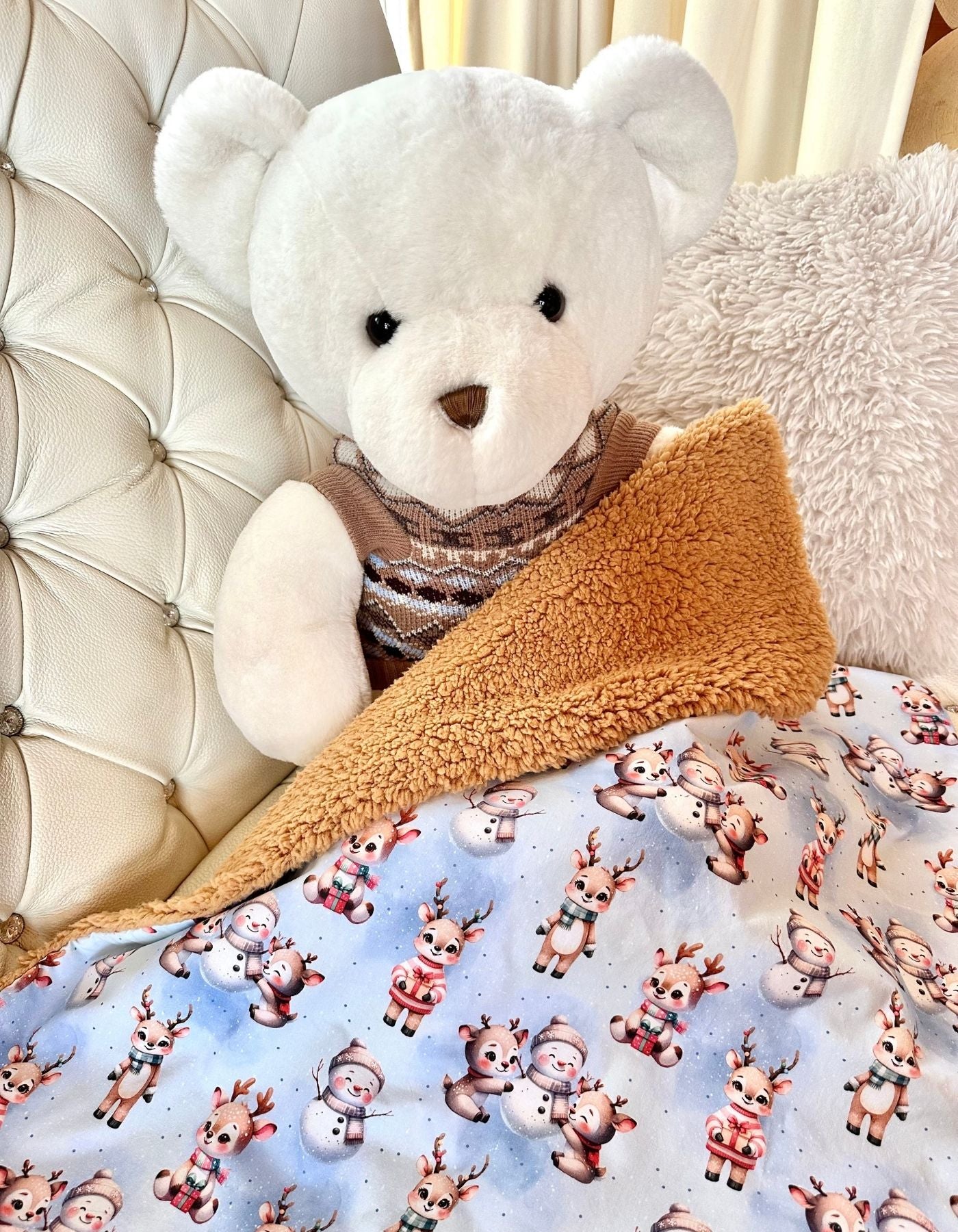 Couverture - PETITS RENNES ET BONSHOMMES DE NEIGE - sherpa ocre - 73x60cm