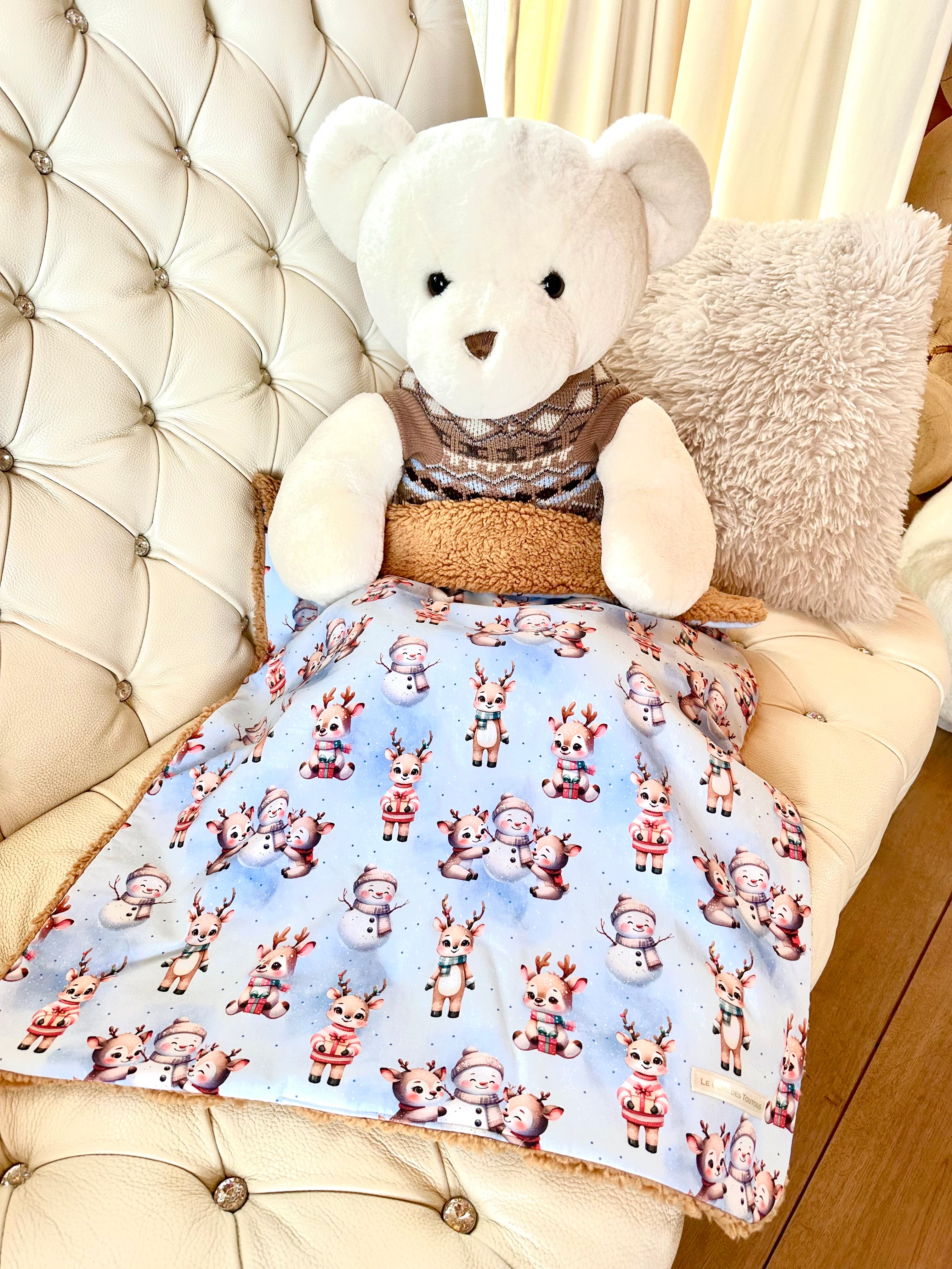 Couverture PETITS RENNES ET BONSHOMMES DE NEIGE - sherpa ocre - 73x60cm